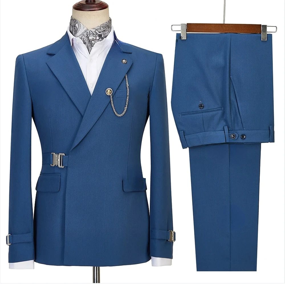 Elegant Luxury Solid Color Business Men's Suit Two Pieces Metal Buckle Male Formal Occasions Blazers and Pants 2024