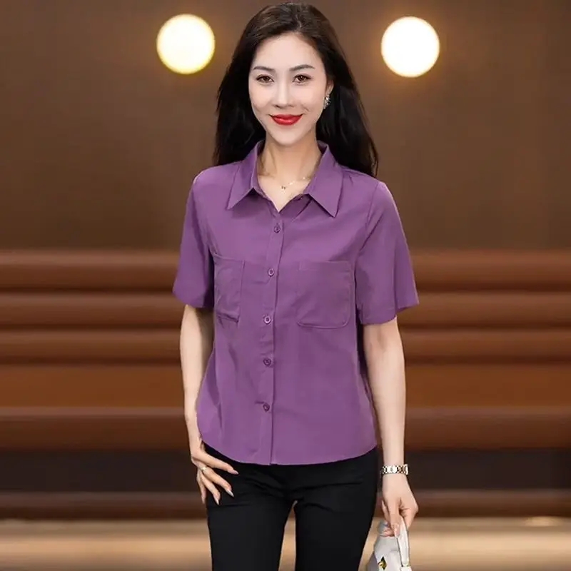 

Women Summer Vintage Fashion Solid Color Polo Collar Short Sleeve Shirts Ladies Simplicity Office Lady All-match Casual Tops