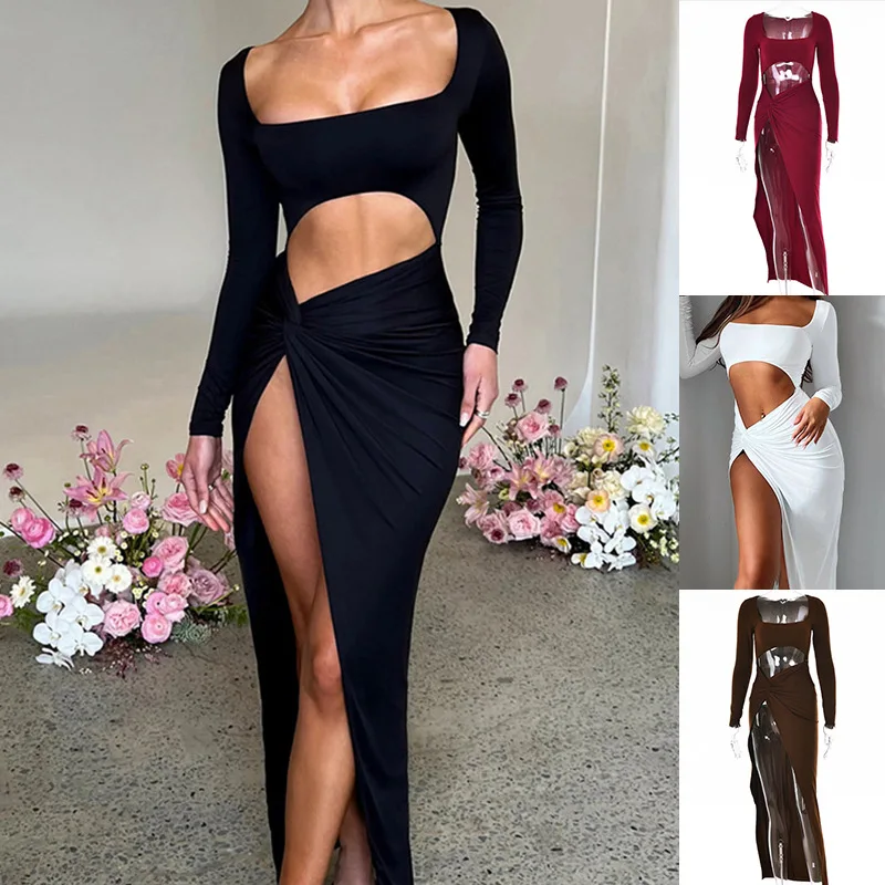 

Sexy Hollow Out High Split Maxi Dress For Women Robe 2023 Summer Autumn Full Sleeve Ruched Club Party Long Dress Vestido