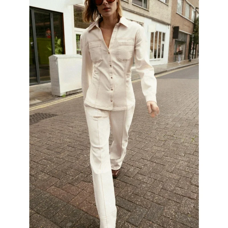 Slim Fit Longo Sve Gola Denim irt Cintura Alta Zíper Decorado Costurado Bell Bot Conjunto de Duas Peças Casual Sle Inverno...