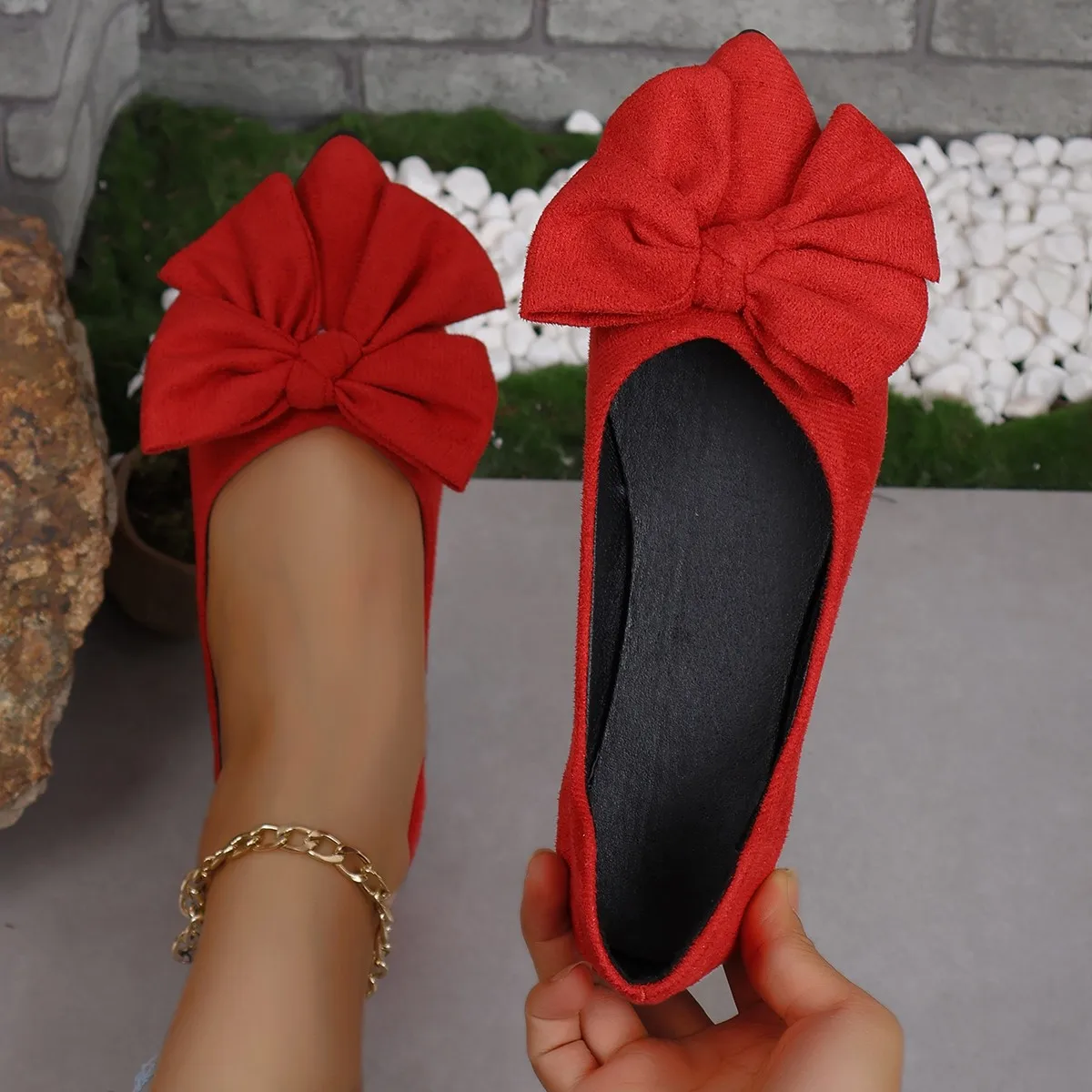 Red Bow Casual Shoes Women's 2024New Spring Fashion Lightweight Pointed Flat Shoes Outdoor Street Casual Shoes Non-slip Vacation