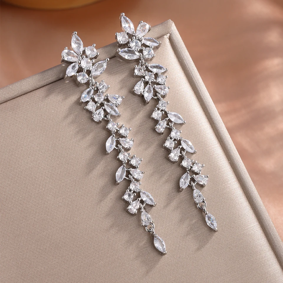 ZAKOL AAA Cubic Zirconia Leaf Long Dangle Earrings dla kobiet Eleganckie ślubne zaręczynowe akcesoria do uszu — zdjęcie 5