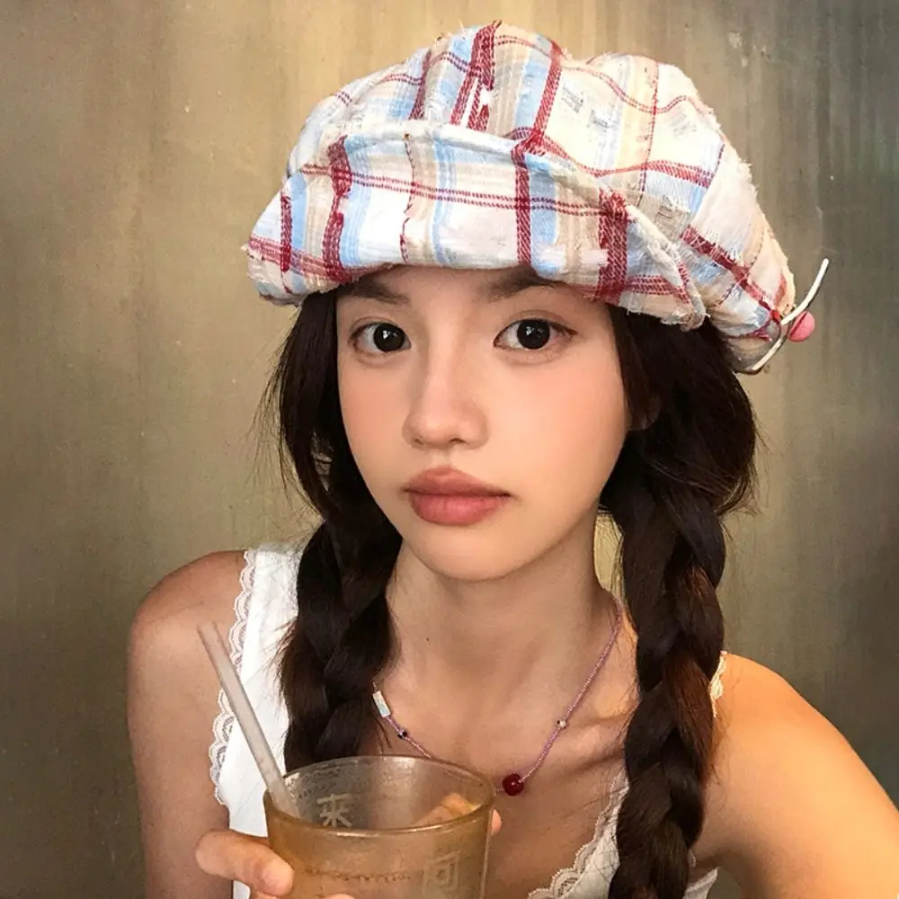 

Vintage Korean Plaid Cloud Berets Y2k Star Octagonal Caps Versatile Sweet Painter Hat Female