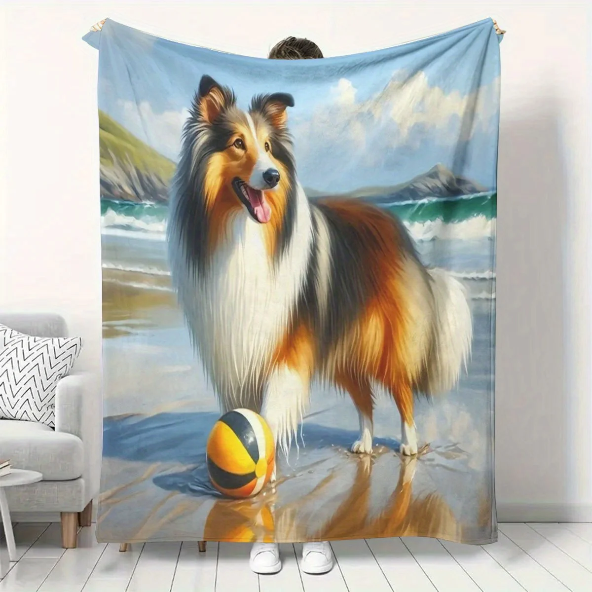 Beach Rough Collie Flannel Throw Blanket Cute Long-haired Collie Dog With Beach Ball On Seaside Coast Oil Painting Print