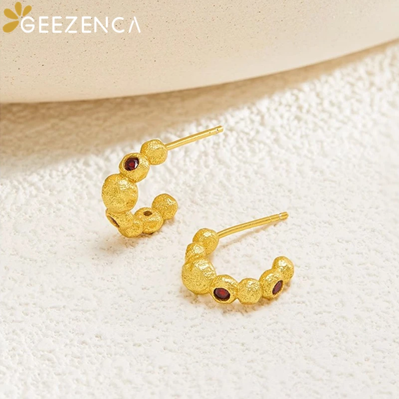 GEEZENCA 925 Sterling Silver Natural Garnet C Shaped Small Earrings For Women 18K Gold Red Stone Classic Chic Earring 2024 New