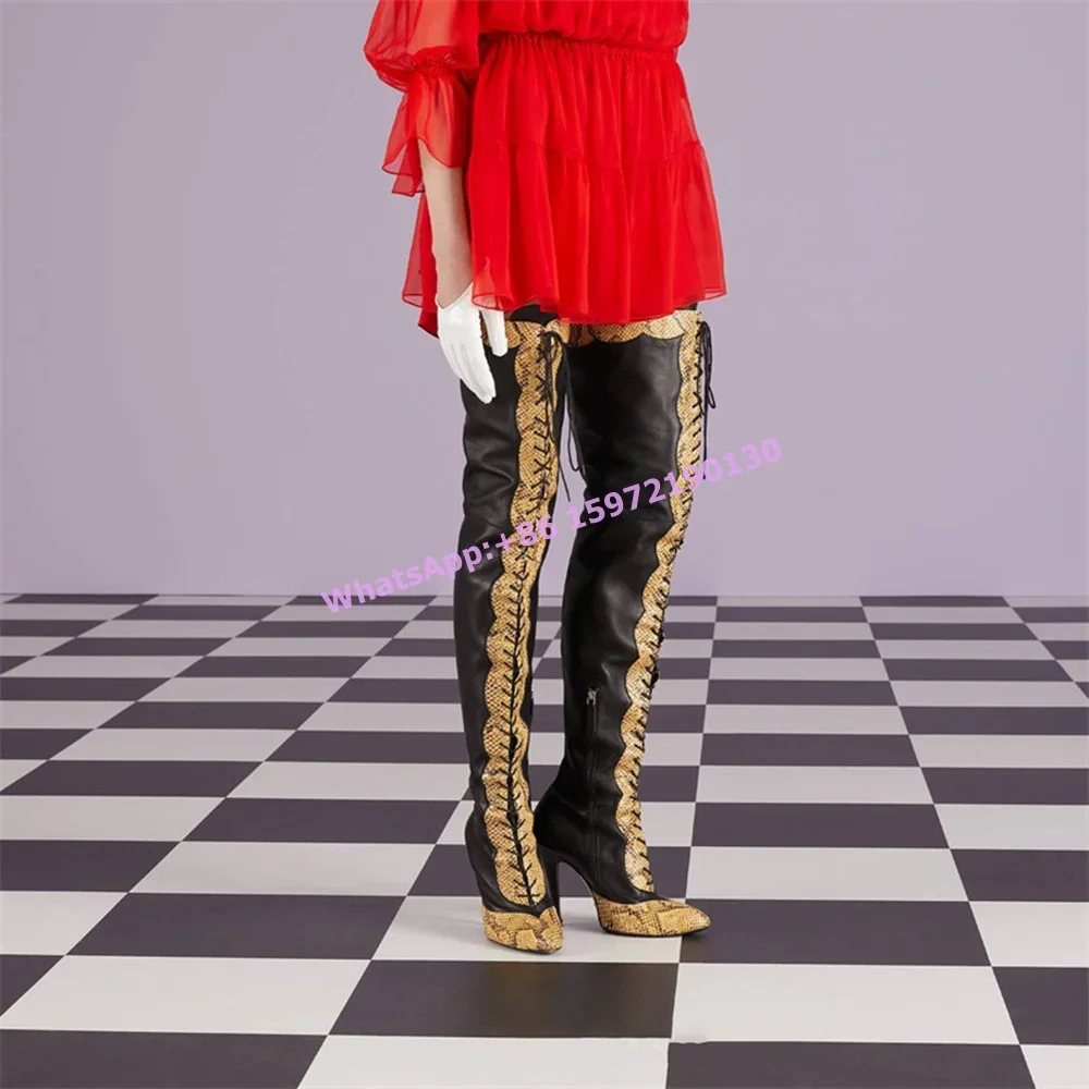 

Patchwork Thigh High Boots Pointy Toe Thin Heels Black Snakeskin Cross Tied Lace Up Shoes Winter Pleated Sexy Party Long Boots