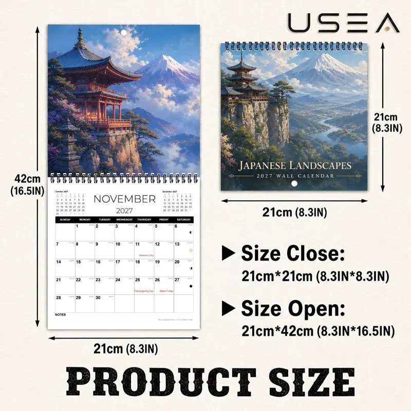 2027 Wall Calendar,2027 Japanese Landscapes Wall Calendar,Moon Phases,US Holidays Scenic Wall Decor, Ideal Gift for Home Office