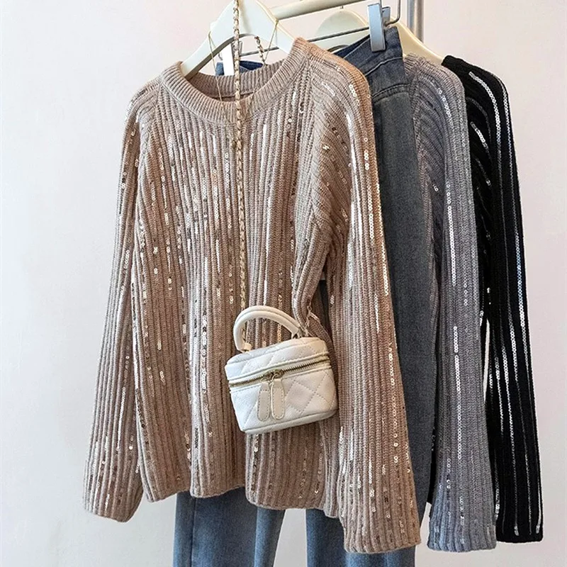 

Women's Sweater Autumn Winter Sparkle Sequined Casual Fashion Cotton Lady Sweaters Knitted Pullover Top Pull Femme Sweater NZ284