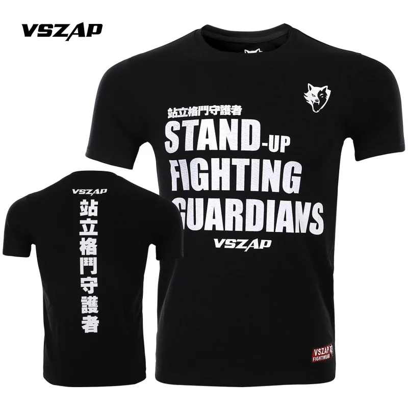 VSZAP Standing Fighting Wolf Guardian Pure Cotton Running Casual MMA Short Sleeve T-shirt Fitness Sports Muay Thai Strike Top