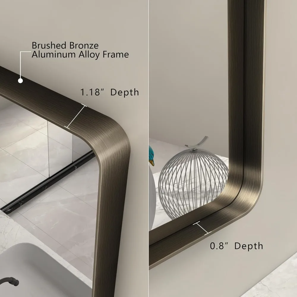 Miroir de salle de bain en bronze 24x32 avec cadre rectangulaire arrondi, finition brossée, mural pour suspension horizontale ou verticale