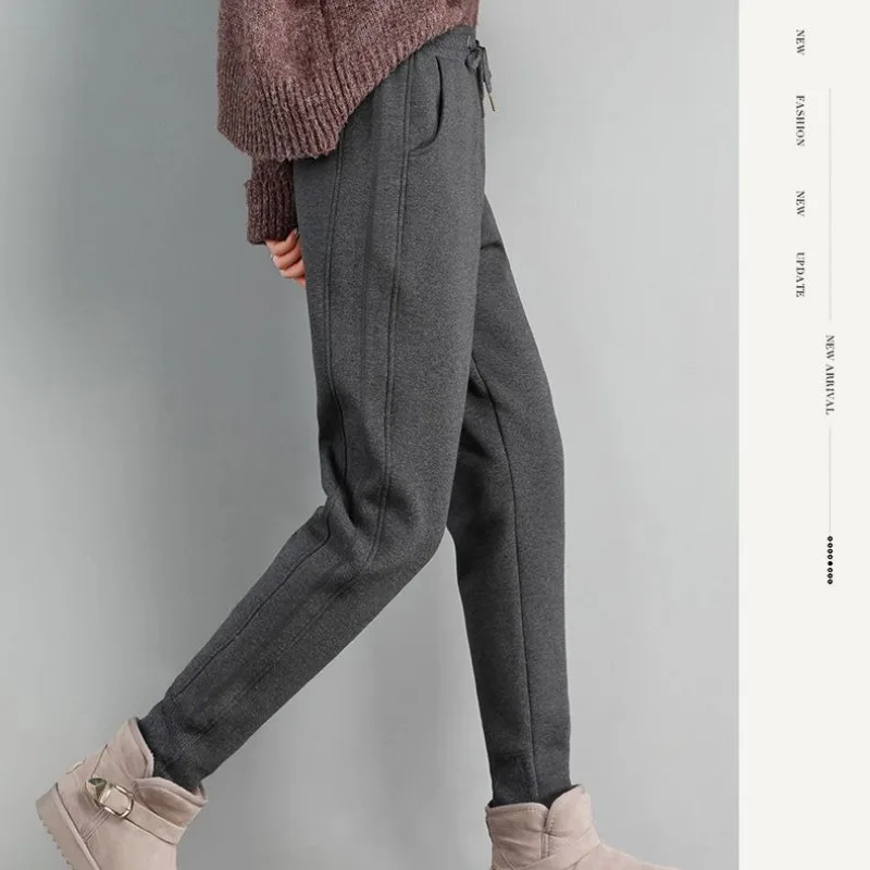 Women's Autumn Winter Flocking Elastic High Waist Pockets Drawstring Solid Harlan Feet Cargo Trousers Fashion Vintage Pants