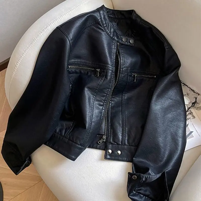 Vintage Biker Leather Jacket Women PU Leather Coat Zip-up Coat Cropped Top Windbreaker Outerwear Black  Leather Jackets Trendy