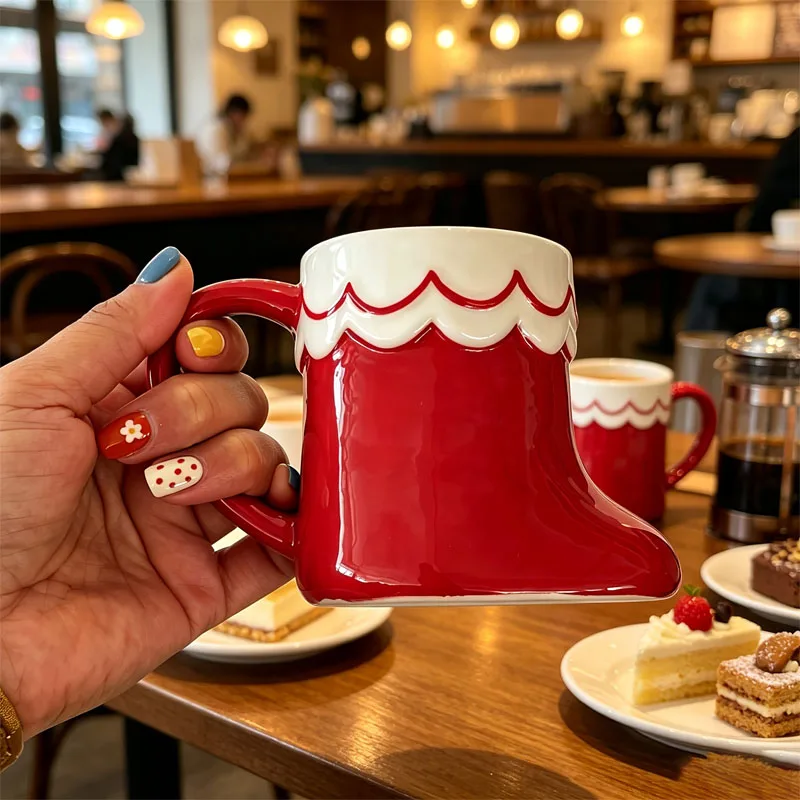 Christmas Boot Shape Ceramic Mug Hand Painted Xmas Coffee Cup Creative Breakfast Milk Water Cup Home Decor Christmas Gift