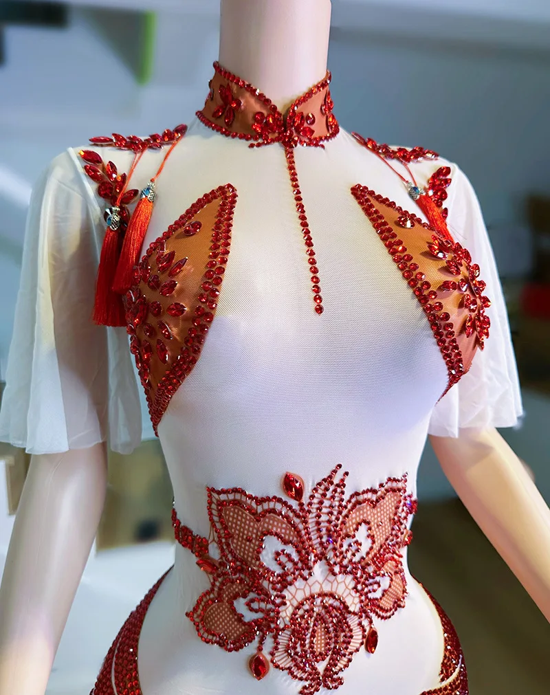 중국 다이아몬드 성능 드레스 Cheongsam 기질 우아한 연회 파티 이벤트 이브닝 드레스 스타 레드 카펫 Abiti Da Festa