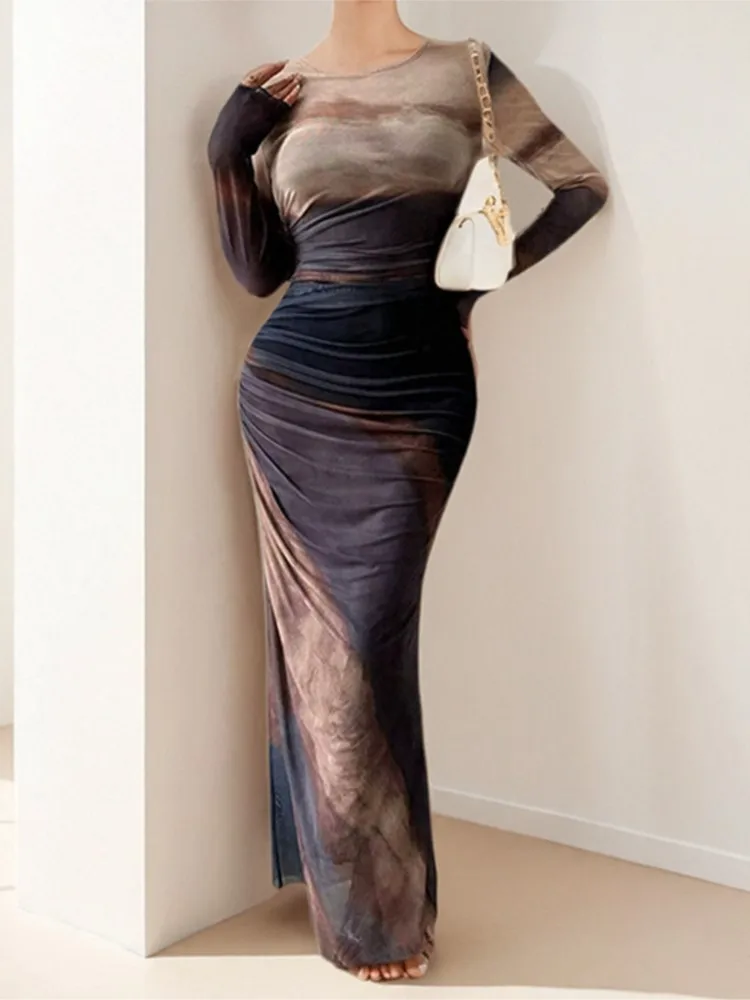 

Women's Spring Summer New Fashionable Printed Sexy Slimming Casual Long Sleeve Round Neck Long Dress