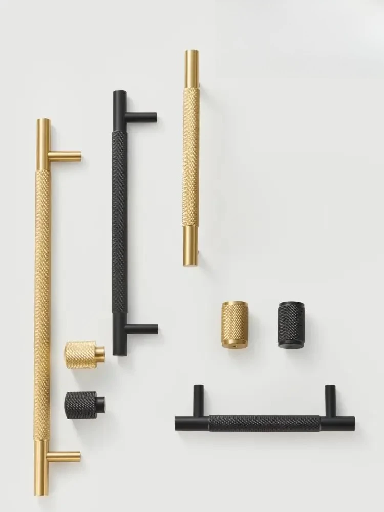 Nurlin Brass  Diamond-cut Cross Knurl Pattern Gold Black Cabinet Handles Wardrobe Pull T-bar Knobs 500mm Long Available Kitchen