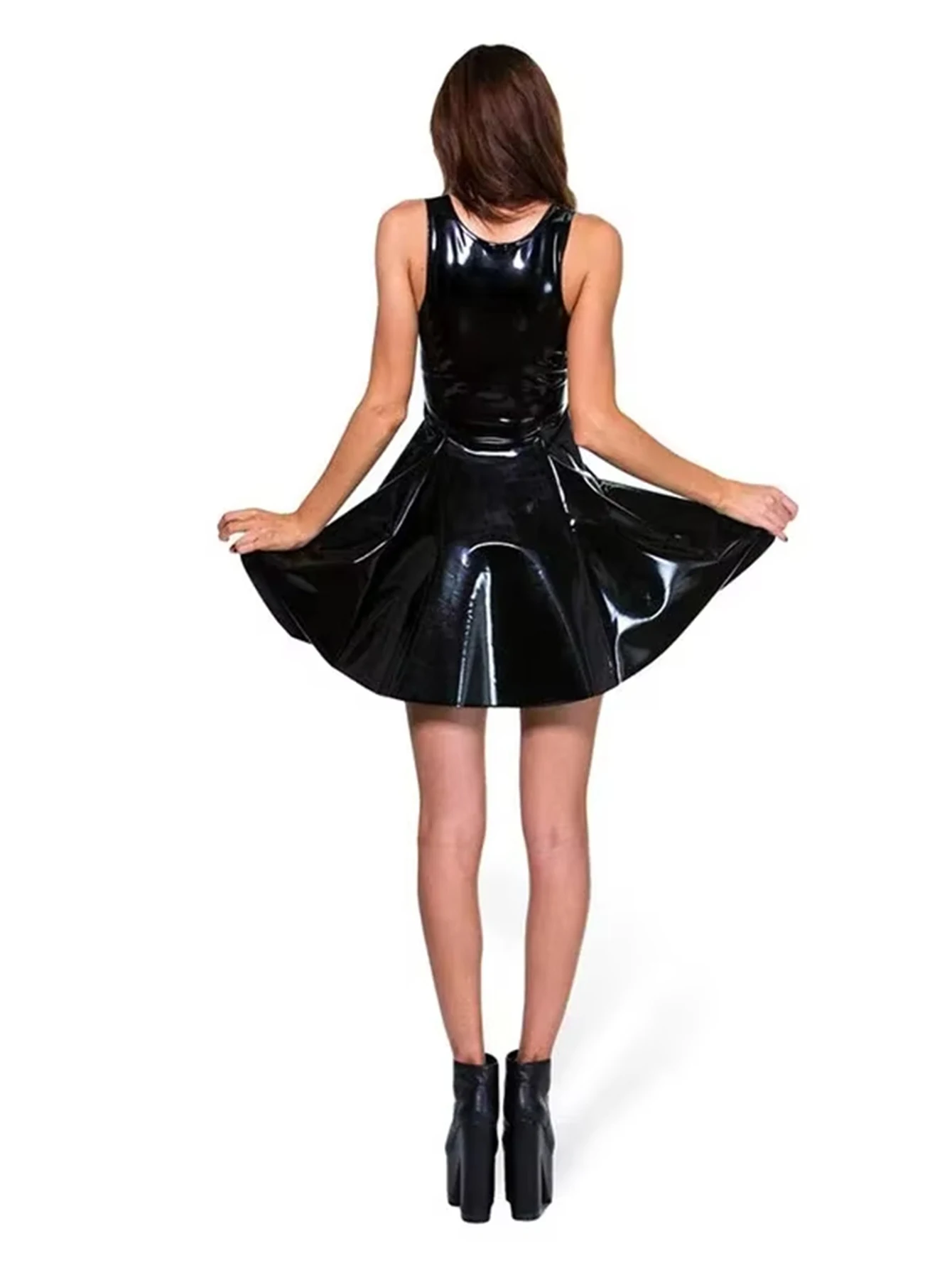 Damen Plus Size glänzendes PU-Leder plissiertes sexy A-Linien-Kleid, ärmelloses, mit Reißverschluss öffnendes, dehnbares Kunstleder-Minikleid in großen Größen – Detail 4