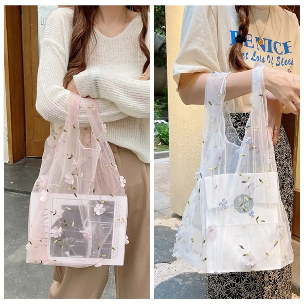 Casual Eco Purses Transparent Embroidery HandBag Shopping Tote Mesh Handbags