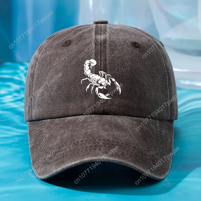Vintage Washed Baseball Cap with Scorpion Print, Adjustable Hip-Hop Trucker Hat, Casual Style, Lightweight Polyester, Machine Wa