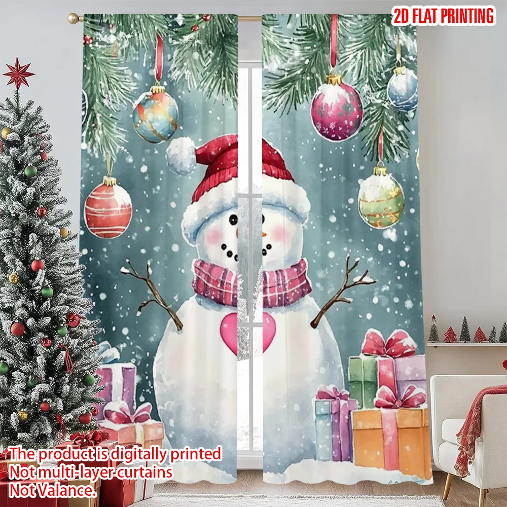

2pcs 2D flat printing Merry Christmas Party Curtains Snowman_ Machine Washable Polyester Without Electricity Festive Wall Decor