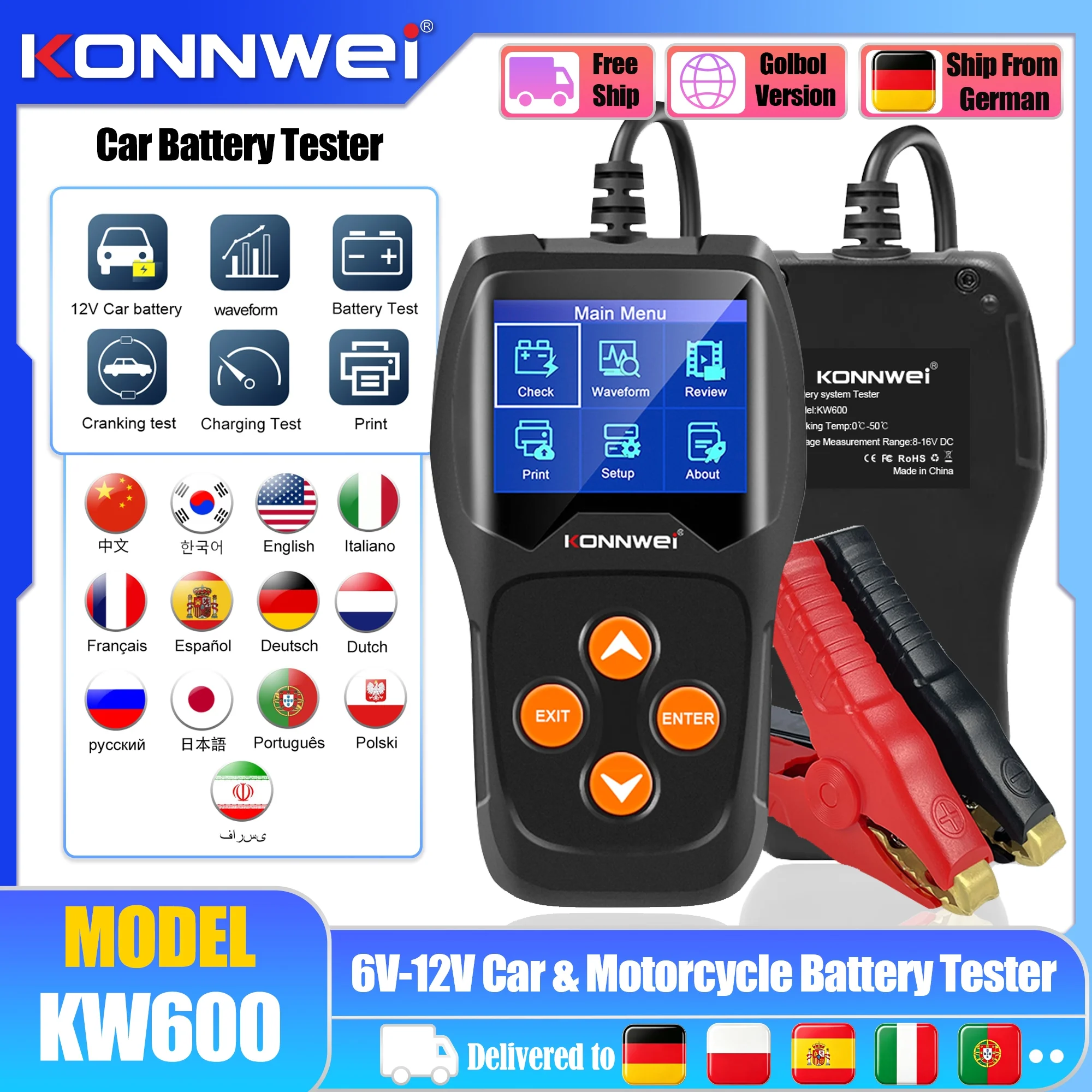 KONNWEI KW600 Autobatterietester 6V 12V Auto-Batterie-Analysator 100-2000CCA Start- und Ladeprüfgerät für Auto, Motorrad, AGM, Gel, EFB, Blei-Säure-Batterie