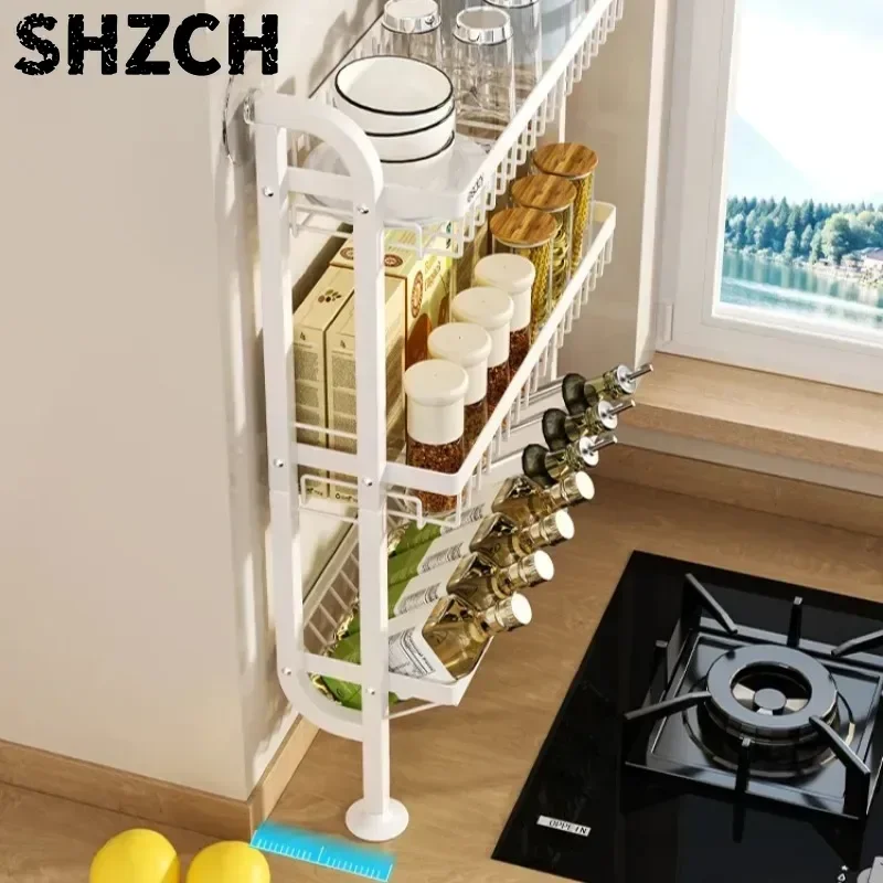 ‌Slim Spice Organizer Rack -Countertop to Wall Oil Bottle Holder Narrow Kitchen Shelf for Condiments Space Saving Pantry Storage