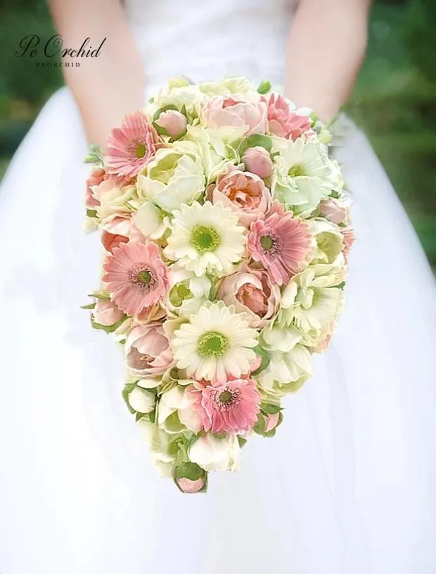 PEORCHID Artificial Ivory & Blush Bridal Bouquet Peonies Daisy Real Touch Luxury Cascade Wedding Bouquet For Bride Flowers