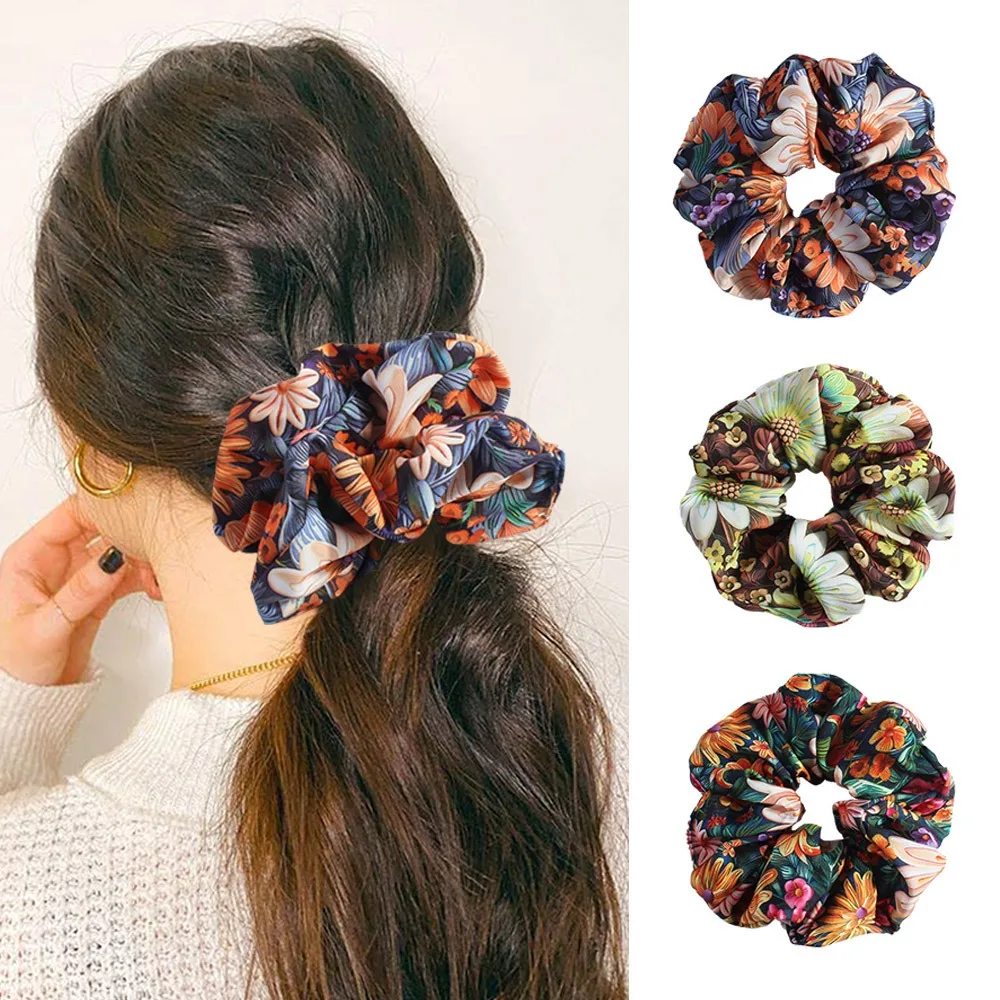 1pc Women Hair Scrunchies Elastic Retro Floral Printed Colon Hair Ties Seamless Fashion Hair Ropes No Slips Ponytail Holder