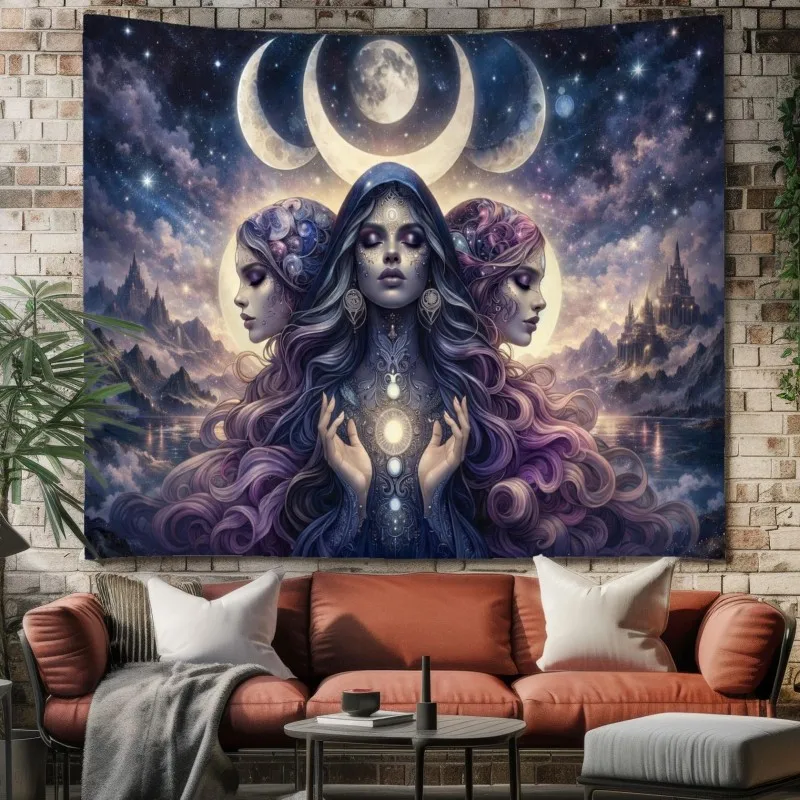VIKAMA Gothic Witch Triple Moon Goddess Phoenix Tapestry Wicca Wall Hanging Mysterious Pagan Aesthetic Bedroom Decor