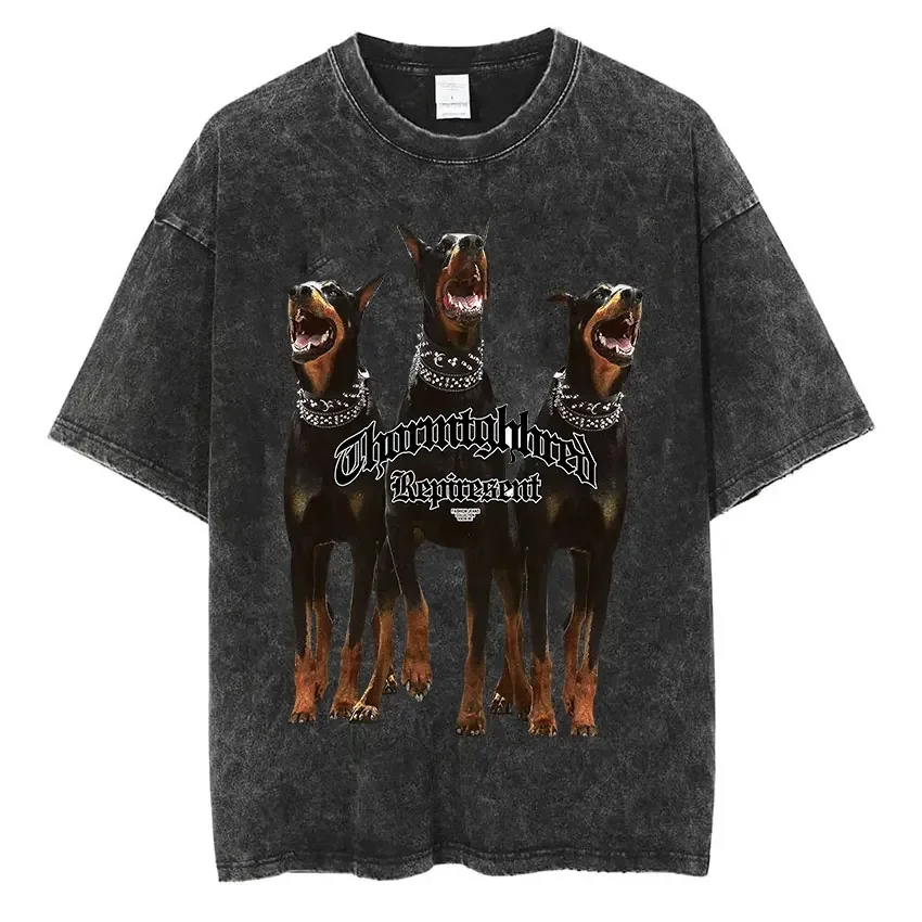 Rottweiler Doberman Retro Graphic Tee Shirt Men\'s Vintage Washed  Short Sleeve T-Shirt Men Hip Hop Oversized T Shirts Streetwear