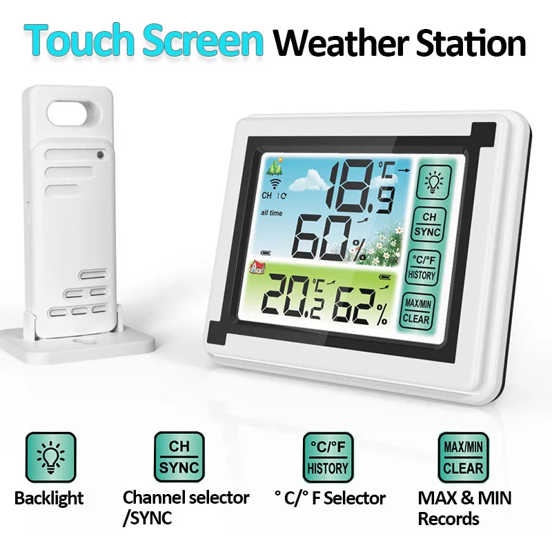 Color Touch Screen Wireless Weather Station Temperature Humidity Monitor Indoor Outdoor Thermometer Alarm Clock with Sensor