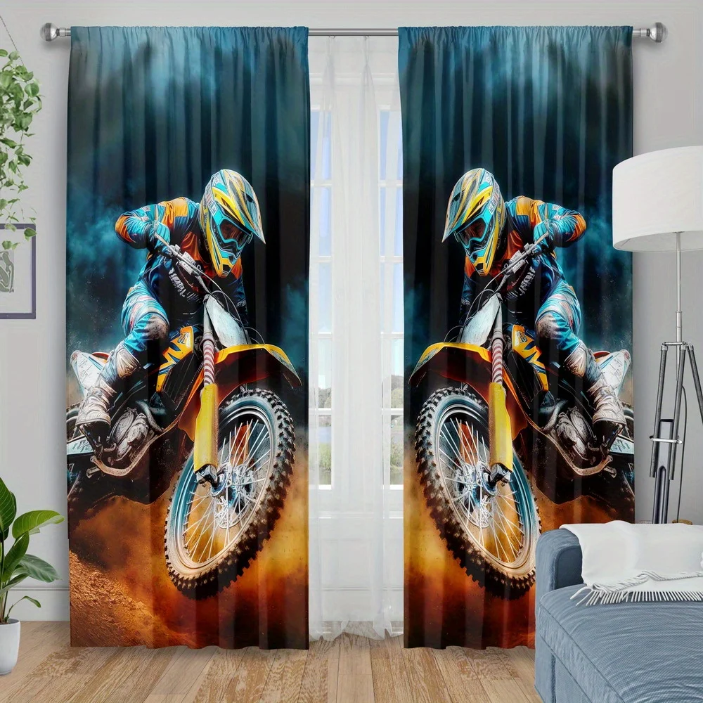 Motocross Curtain, Dirt Bike Rider Print Drapes, Extreme Sports Window Curtains, Boys Room Bedroom Decor