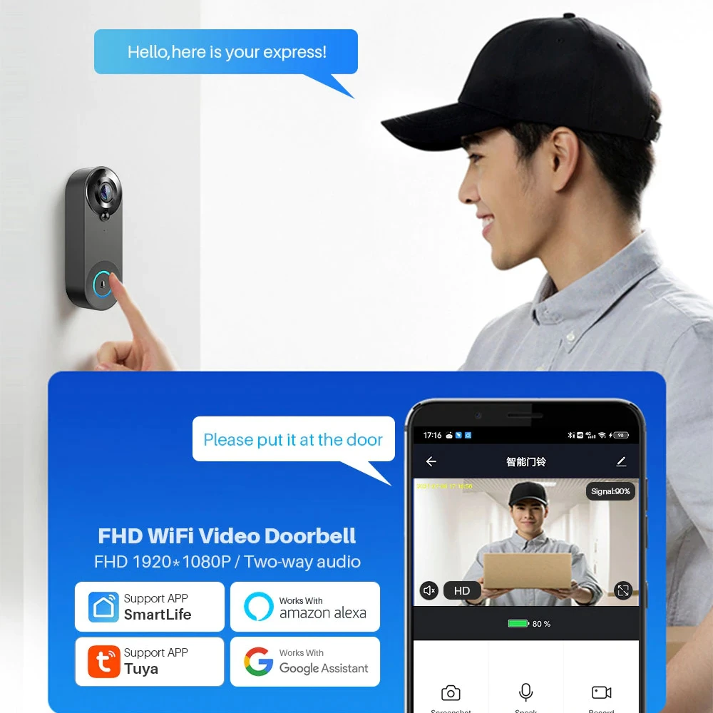 Tuya Nhà Thông Minh Video Camera Chuông Cửa WiFi Không Dây Ngoài Trời Chuông Cửa Liên Lạc Nội Bộ USB Chuông Bảo Vệ An Ninh Cho Alexa Google