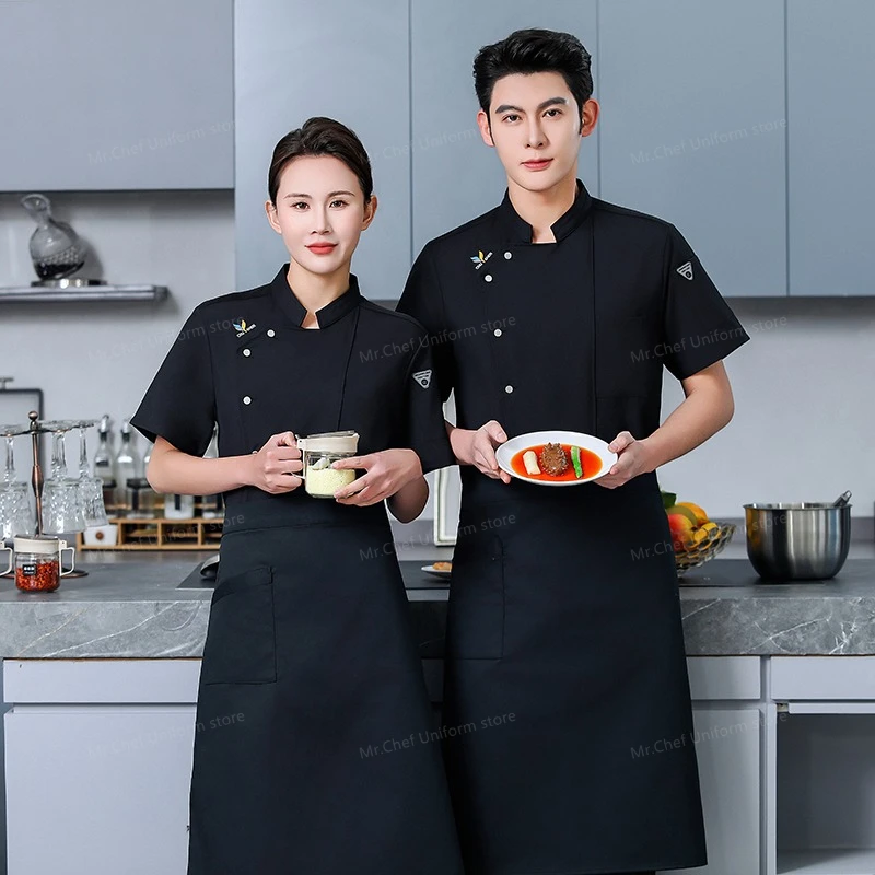 Manteau de Chef respirant de cuisine pour hommes, uniforme de Chef noir, tablier de Restaurant, Short de Chef à manches courtes, veste, vêtements de travail, Logo, été