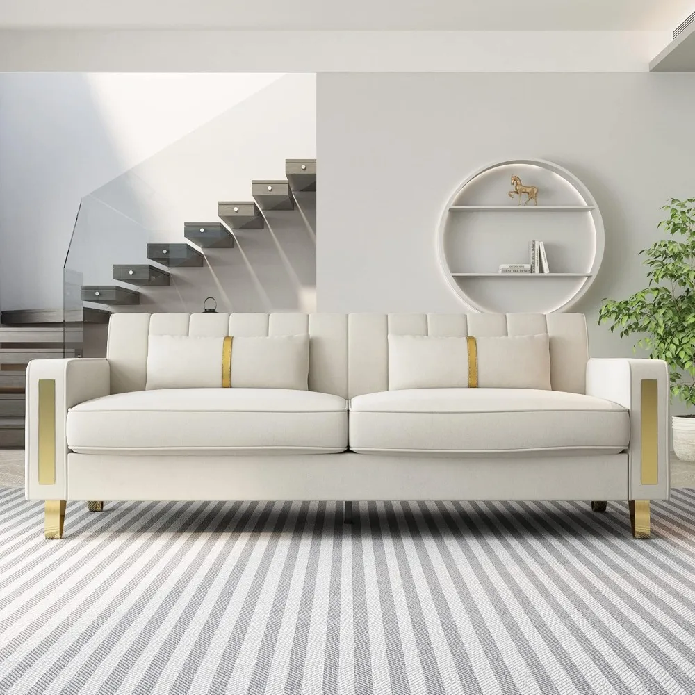 

Modern Velvet Loveseat Sectional Sofa with Gold Legs, 86" Large, Beige, Upholstered Deep Seat Chaise for 3-4 Persons