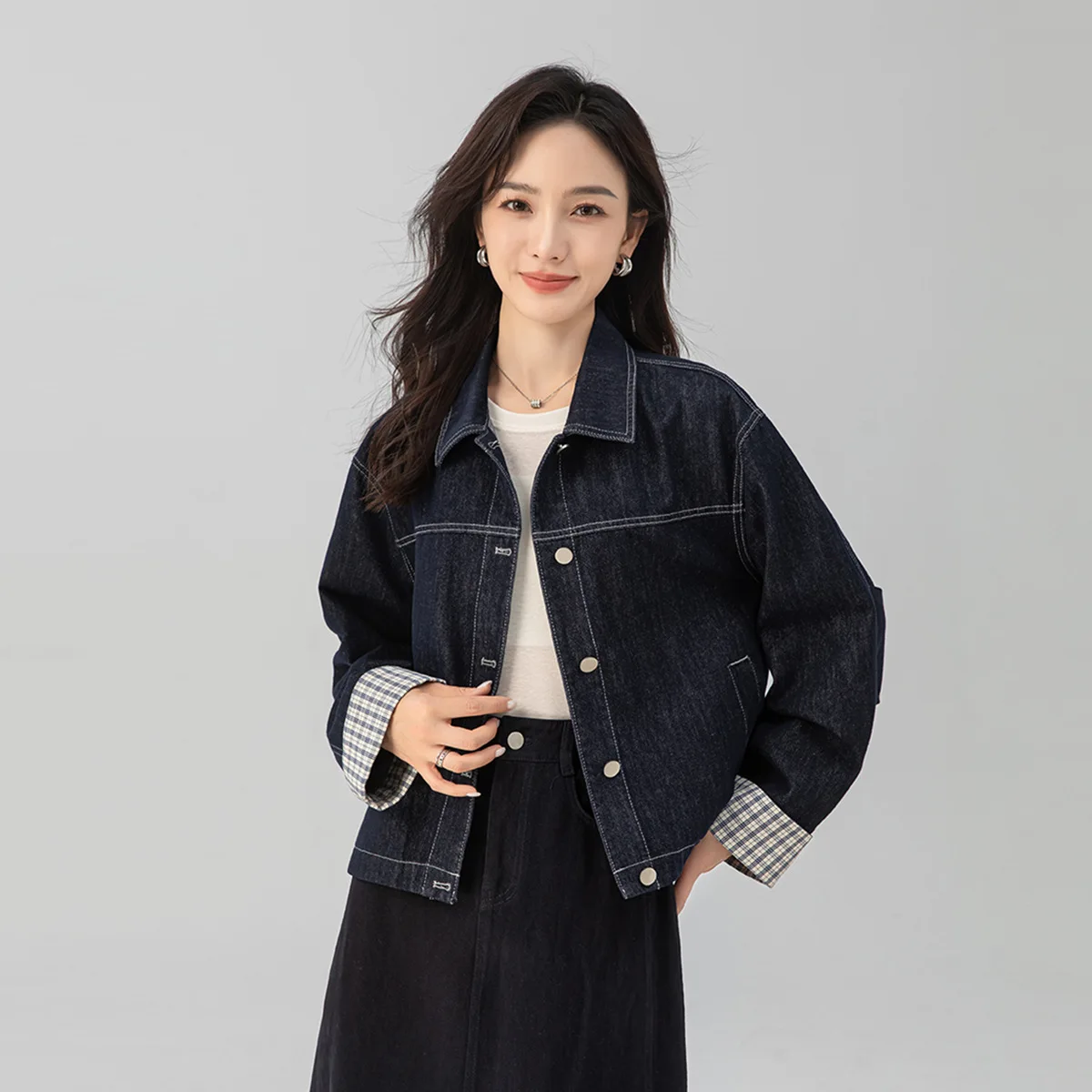 

Винтажная джинсовая куртка Xingguo в клетку, женская, с длинными рукавами, свободного кроя, повседневная, осенняя, из тонкого материала