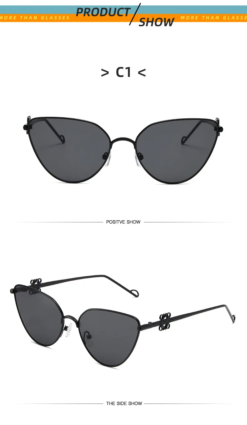 Fashionable Cat Eye Flat Lens for Men and Women, Retro Triangle Glasses Holder, Simple Metal Full Frame Sunglasses