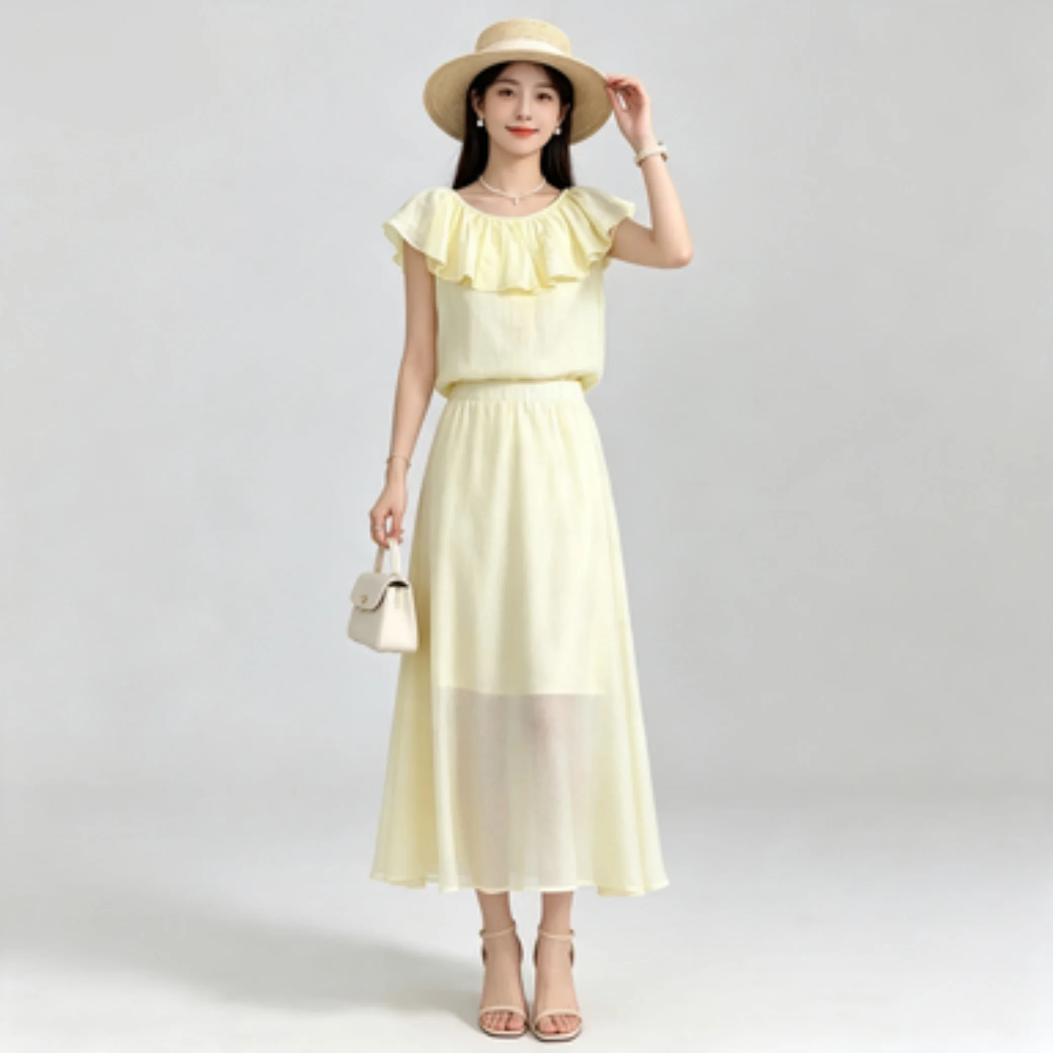 Ruffle Blouse Flowy Maxi Skirt Suit
