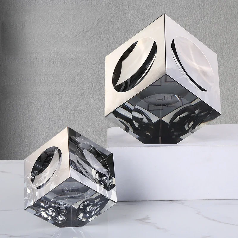 Square Crystal Ornament Clear Glass Block Geometrically Concave Cube Transparent Figurines Home Decoration Accessories