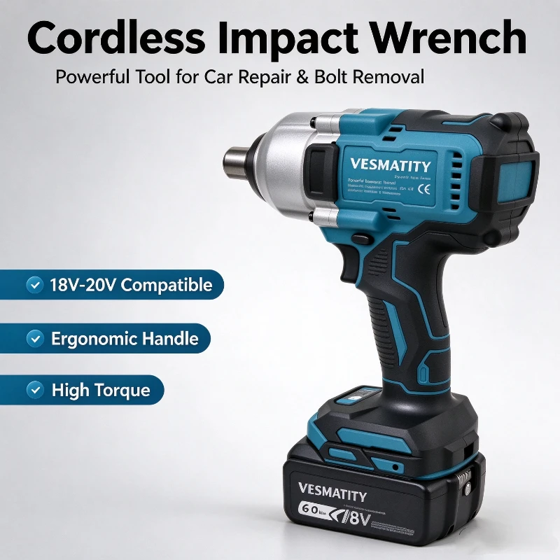 High Torque Cordless Electric Impact Wrench 1/2 inch Drive, Wireless Impact Wrench for Scaffold & Auto Repair, 18V-20V Battery