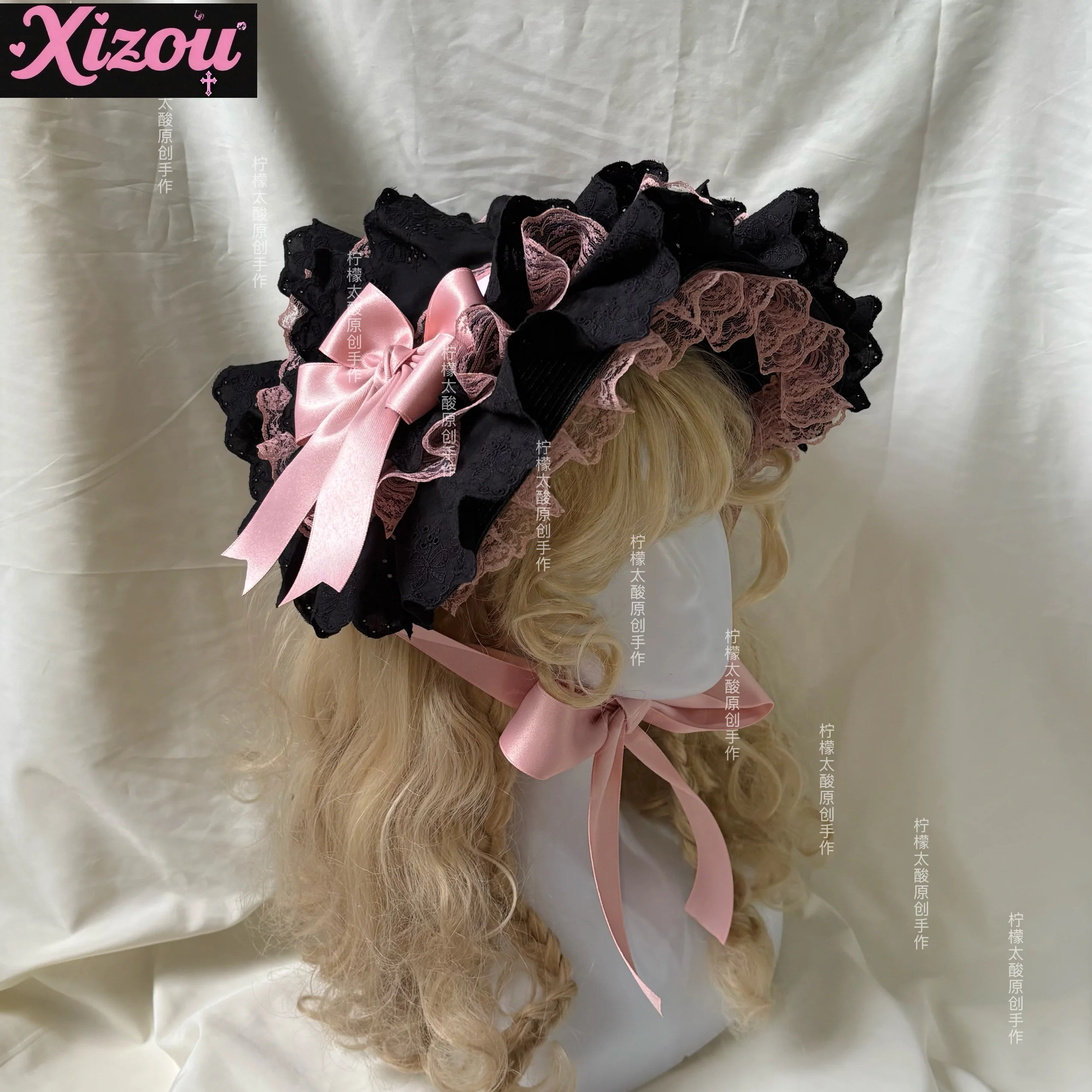 Original Handmade Black Pink Lolita Flat Hat Bnt Dark Goth Wind Bonnet Lolita Head Lace Flower Bow Flower Wedding Cal Hat Female