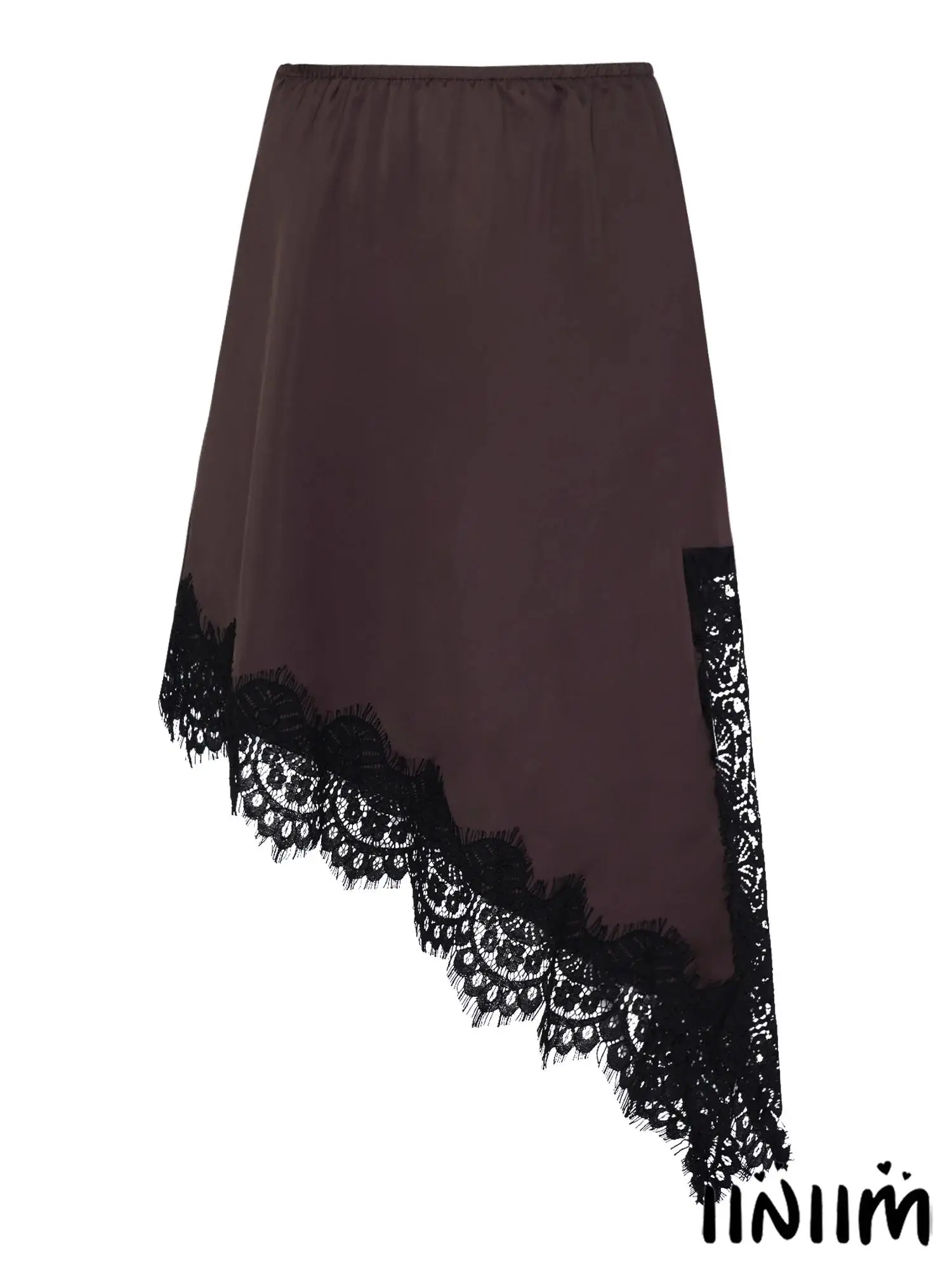 

Womens Casual Satiny Skirt Irregular Hem with Eyelash Lace Trim And Side Split Elastic Waistband with Side Zipper A-line Skirt