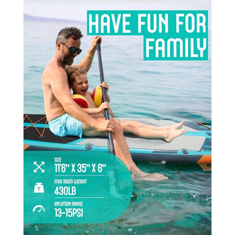 Tabla de Paddle inflable súper ancha de 11'6 × 35", SUP ancho ultra estable para 2 + 1 personas/familia/tamaño grande, mochila de 100L