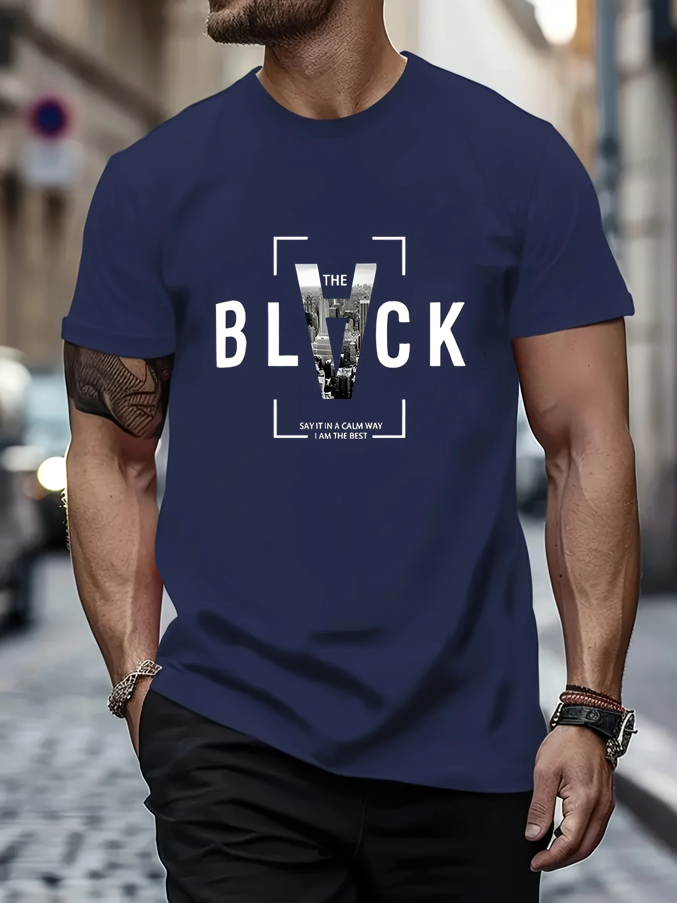 Creative Letter BLACK Print Men's Crew Neck Short Sleeve Tees, Summer Trendy T-Shirt, Casual Versatile Comfy Breathable Top For