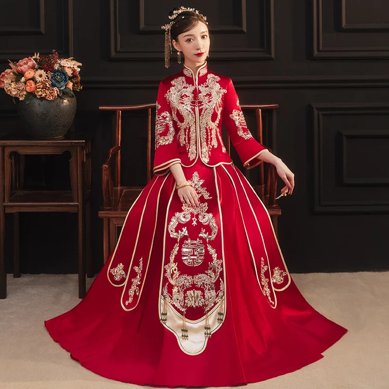 

Women Phoenix Embroidery Cheongsam Robe Party Qipao Oriental Asian Bride Chinese Traditional Wedding Dress