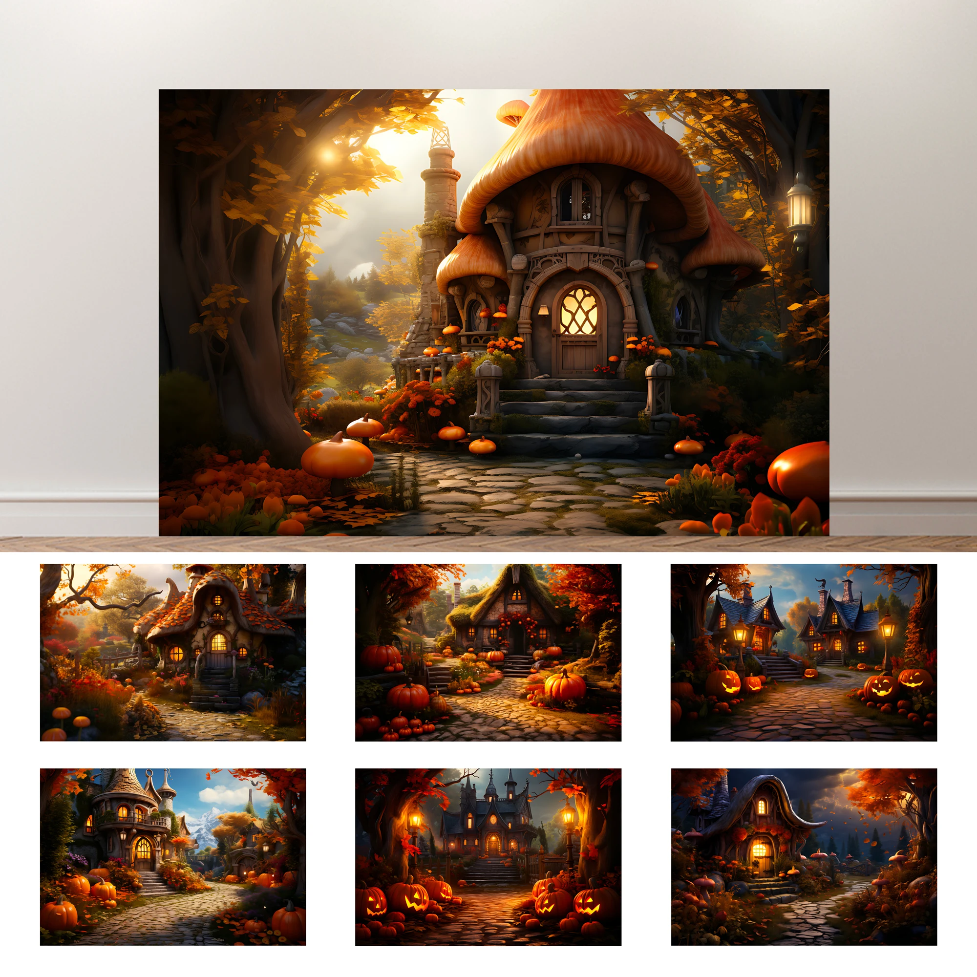 

SeekPro Whimsical Fall Fairy Tale Cottages Forest Scenery Children Birthday Party Portrait Decor Backdrop Photo Studio