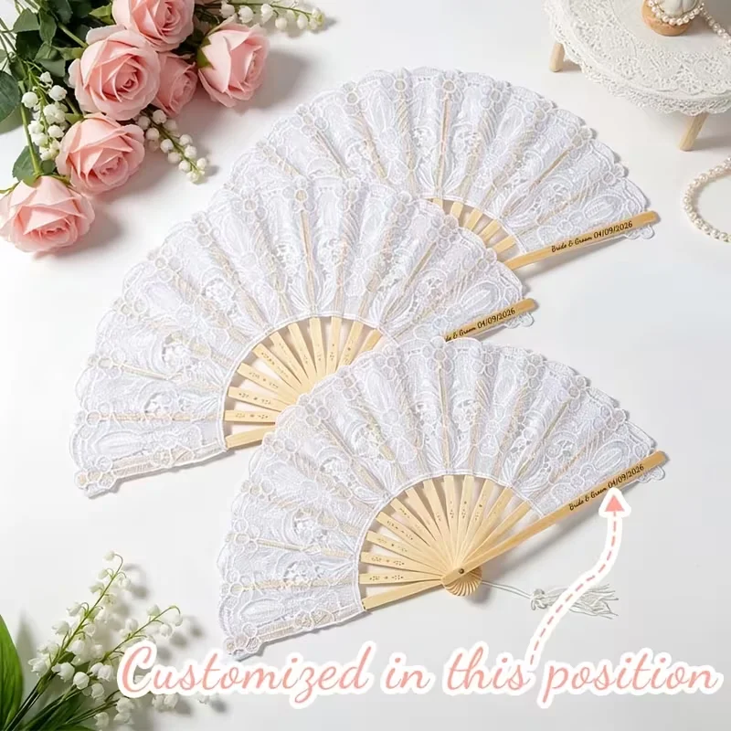 3Pcs/5Pcs/7Pcs/10Pcs Personalized Custom White Lace Wedding Fans Suitable for the Bride, Wedding Fans as Souvenirs for Bridesmaids, Gifts for the Bride, Customizable with Wedding Date