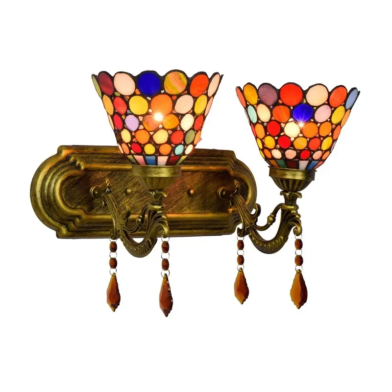 

Tiffany Bedroom Bedside Wall Lamp Stained Glass Complex Hotel Bar Double Head Crystal Wall Lamp
