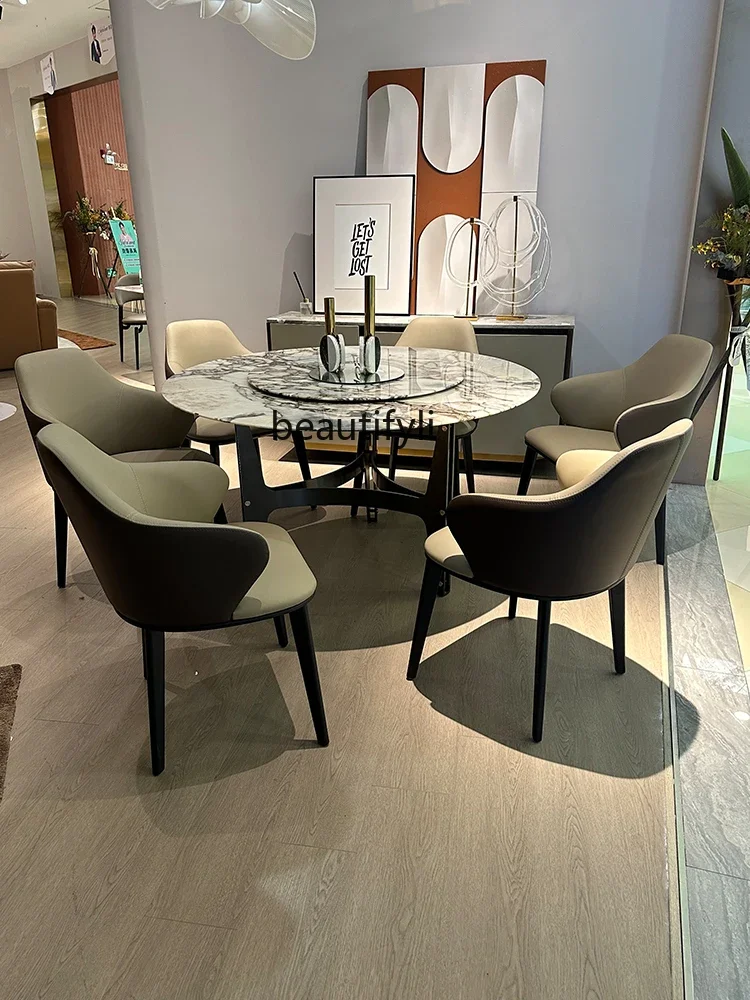 

Dining Table and Chair Italian Modern Minimalist Leather White Wax Solid Wood Designer Model Study Chair Complete Set