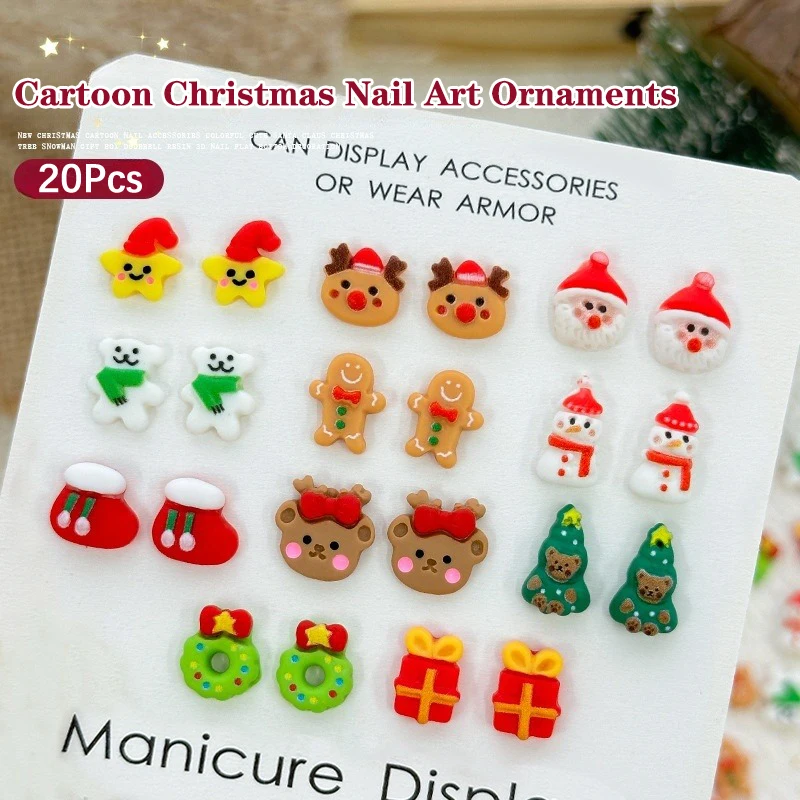 20Pcs Mixed 3D Cartoon Resin Christmas Series Nail Charms Cute Snowman Santa Claus Gift Festival Nail Art Decoration